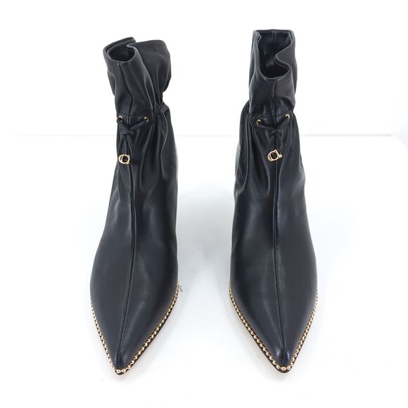 Coach Women 6.5 Wynie Booties Boots Black Leather Slouch Stud Trim Pointed Cinch - Picture 3 of 10